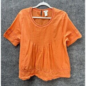 Sundance Pintuck Top Womens XL Orange Cotton Short Sleeve Eyelet Detail Boho